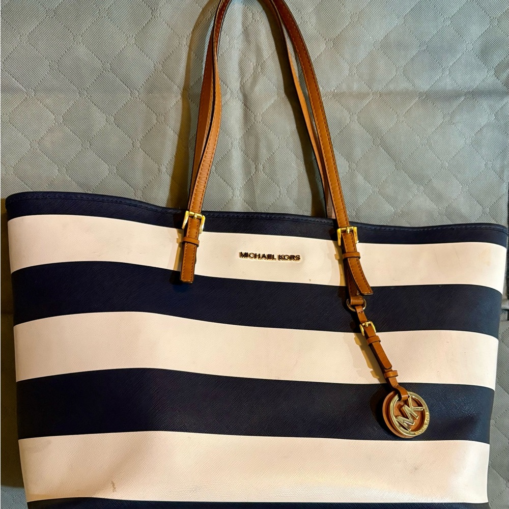 Michael Kors Blue and White Striped Large Tote